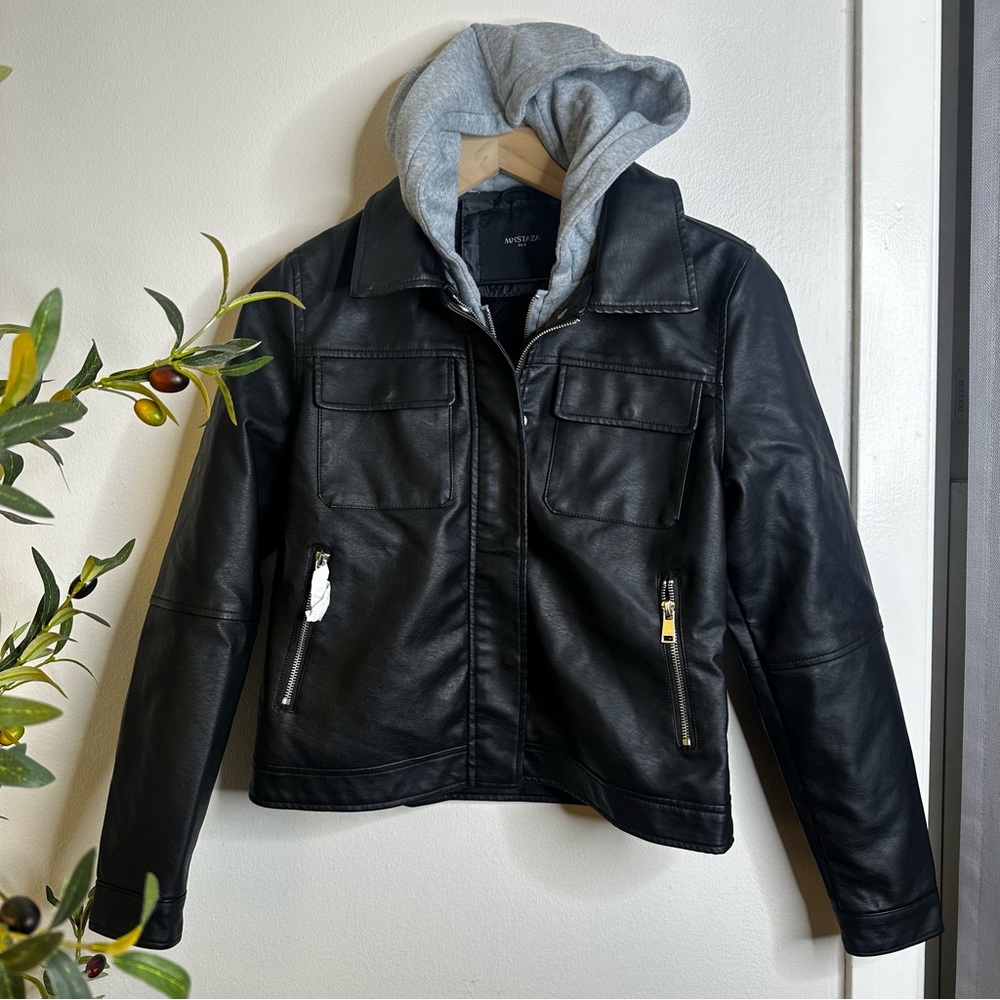 MXSTAZA Fleeced Lined Faux Leather Jacket With Removable Hood Womens XS